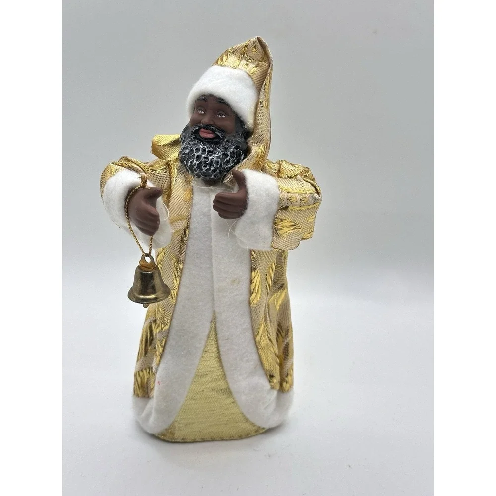 African American Santa Tree Topper‎ Gold Robe Bell Christmas Decor